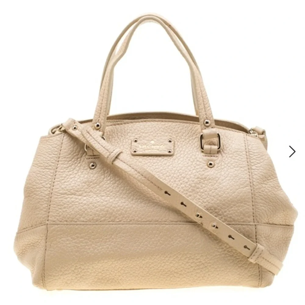Kate Spade New York Pebbled Leather‎ Satchel Handbag Beige Convertible Strap